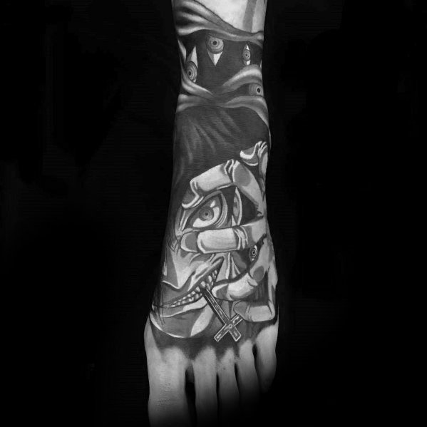 Mens 3d Anime Foot Tattoo With Shaded Black And Grey Ink Design