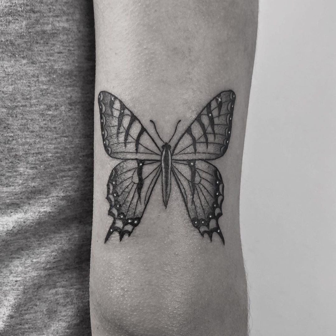medium-sized black and grey tattoo on back of upper arm of a realistic butterfly